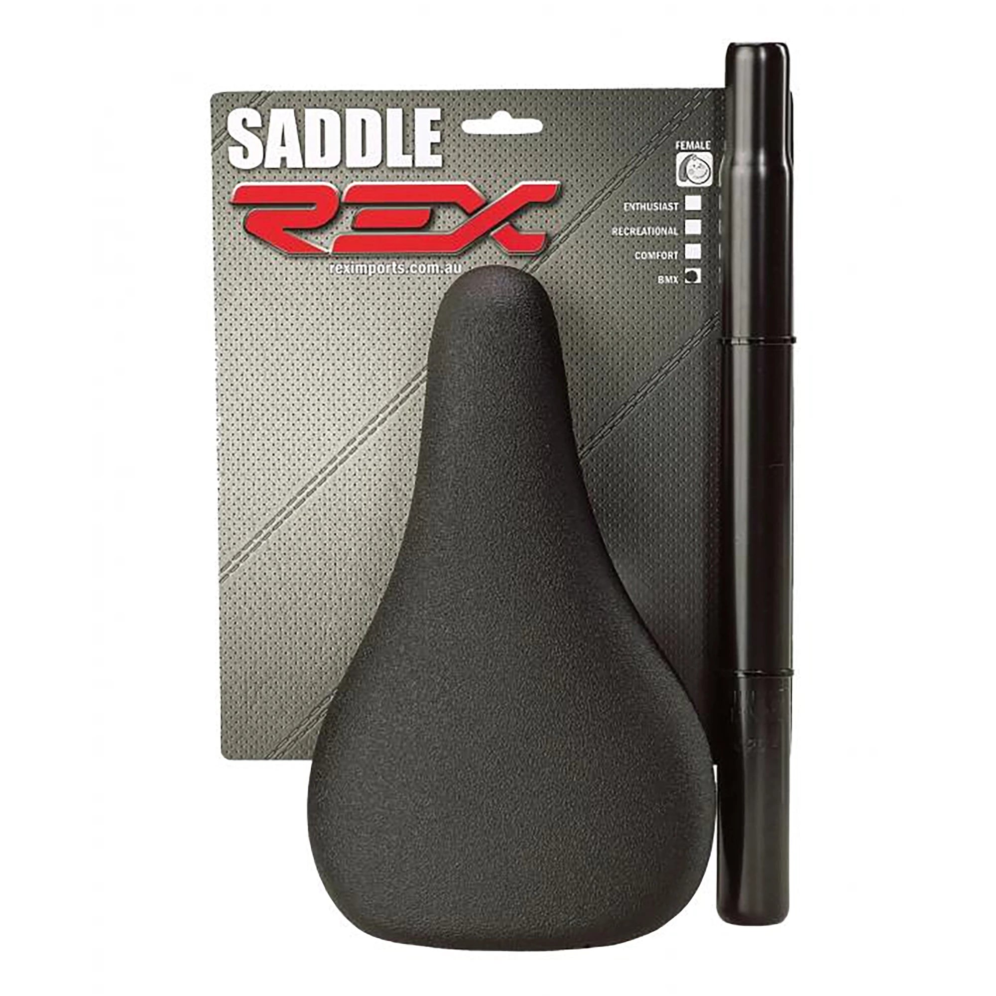 REX BMX saddle combo showing two durable black BMX bike saddles with ergonomic design and sturdy rails for performance riding.