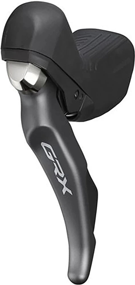 Shimano GRX RX810 hydraulic 11-speed shifter for bike drivetrain, showing the left handlebar lever with branding and gear indicator.