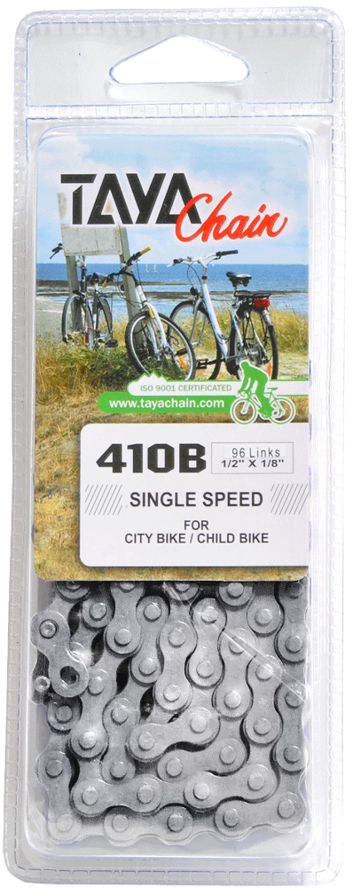 Taya 410B BMX chain, a durable bike chain part from TAYA, shown in a close-up image highlighting its metal links and construction.
