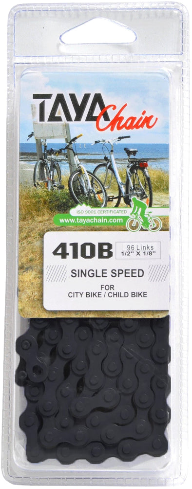 Black Taya 410B BMX chain, a durable bike parts component with intricate links, designed for BMX cycling enthusiasts.
