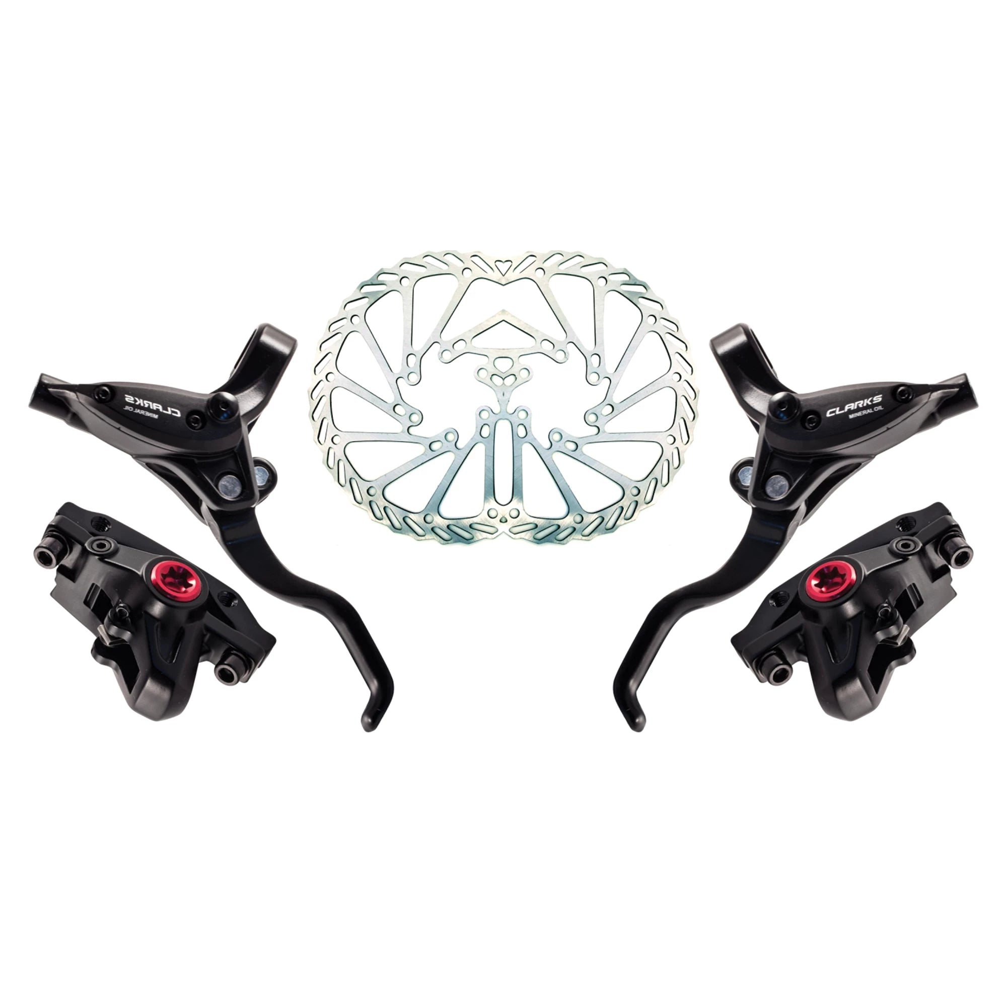 Clarks M2 hydraulic disc brakeset for bike, showing brake calipers and rotors in a close-up view.