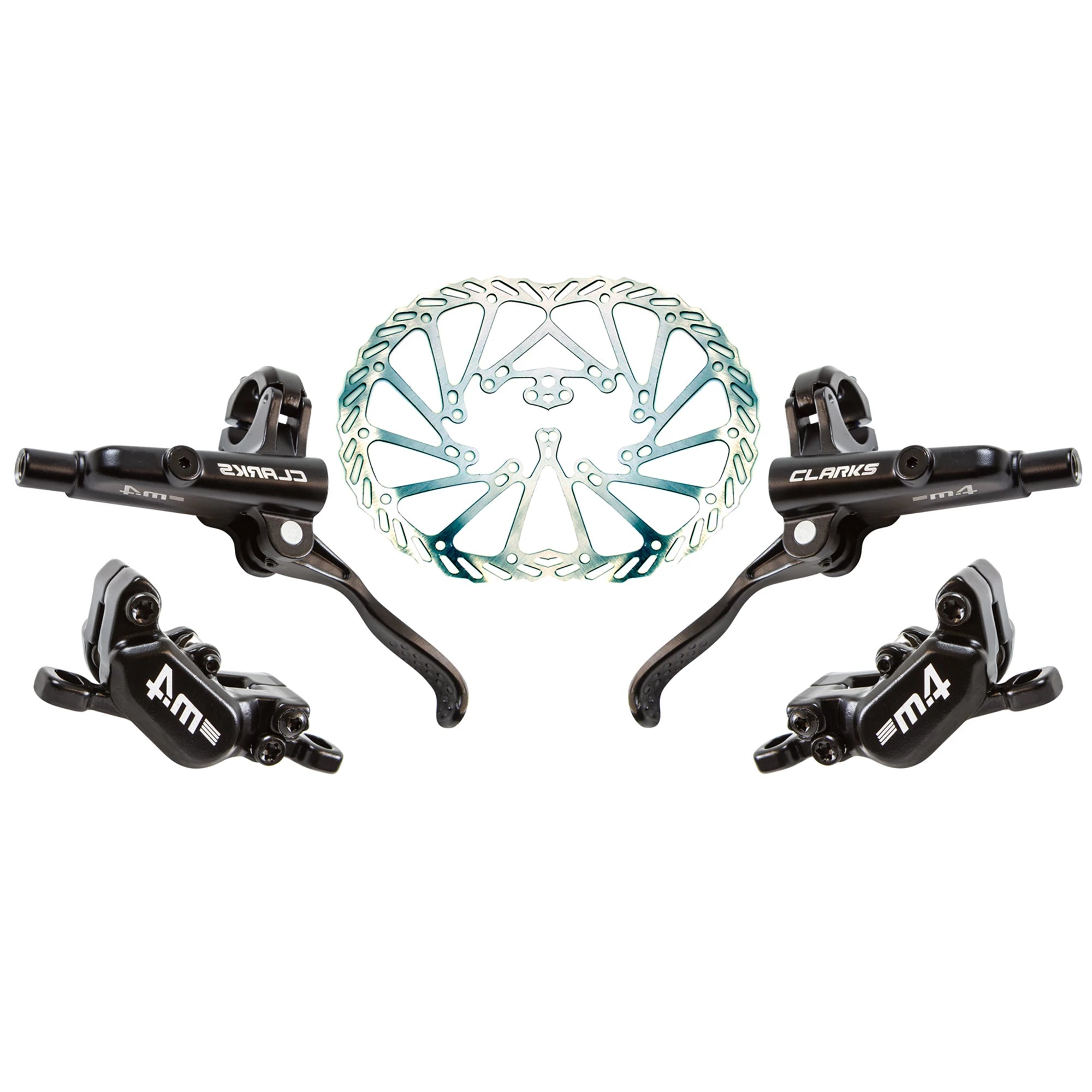 Clarks M4 Hydraulic Disc Brakeset showing brake calipers, hoses, and mounting hardware for mountain bike or bicycle braking system.