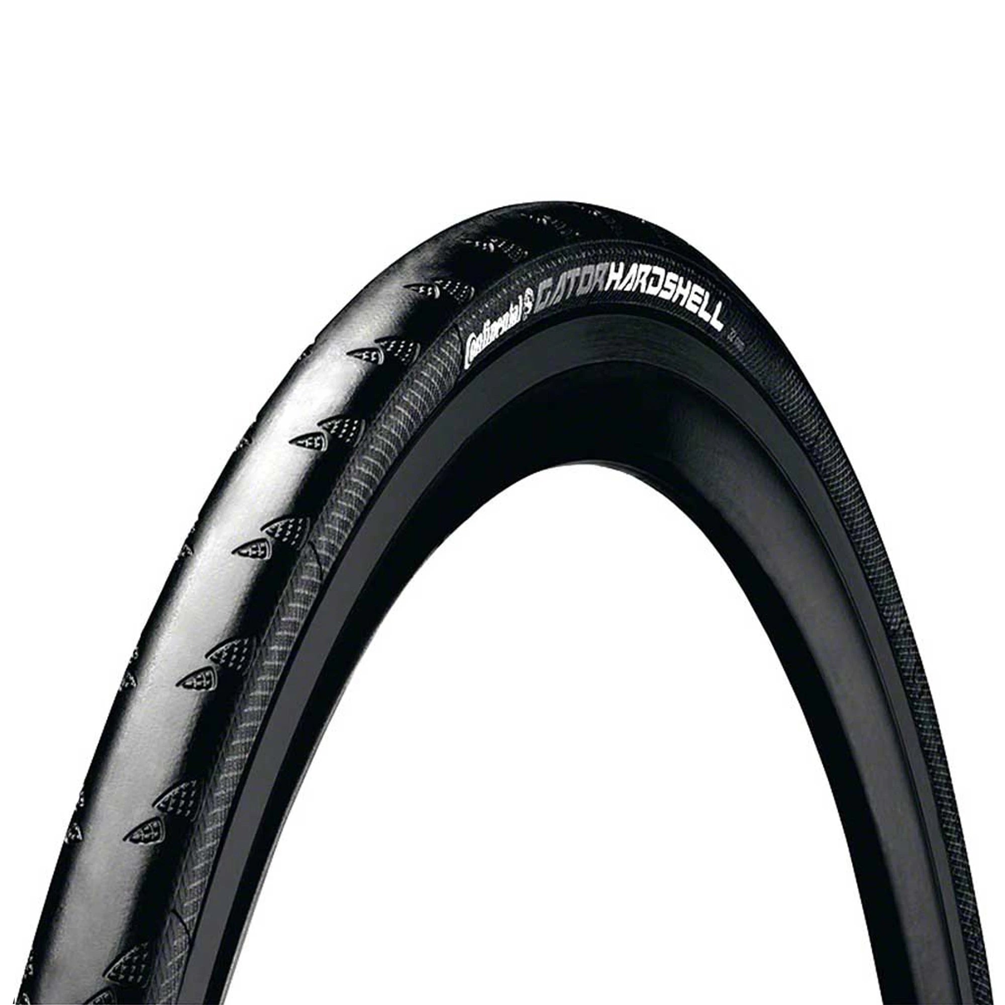 Black Continental Gator Hardshell folding road bike tyre made of durable rubber with tread pattern for improved grip.