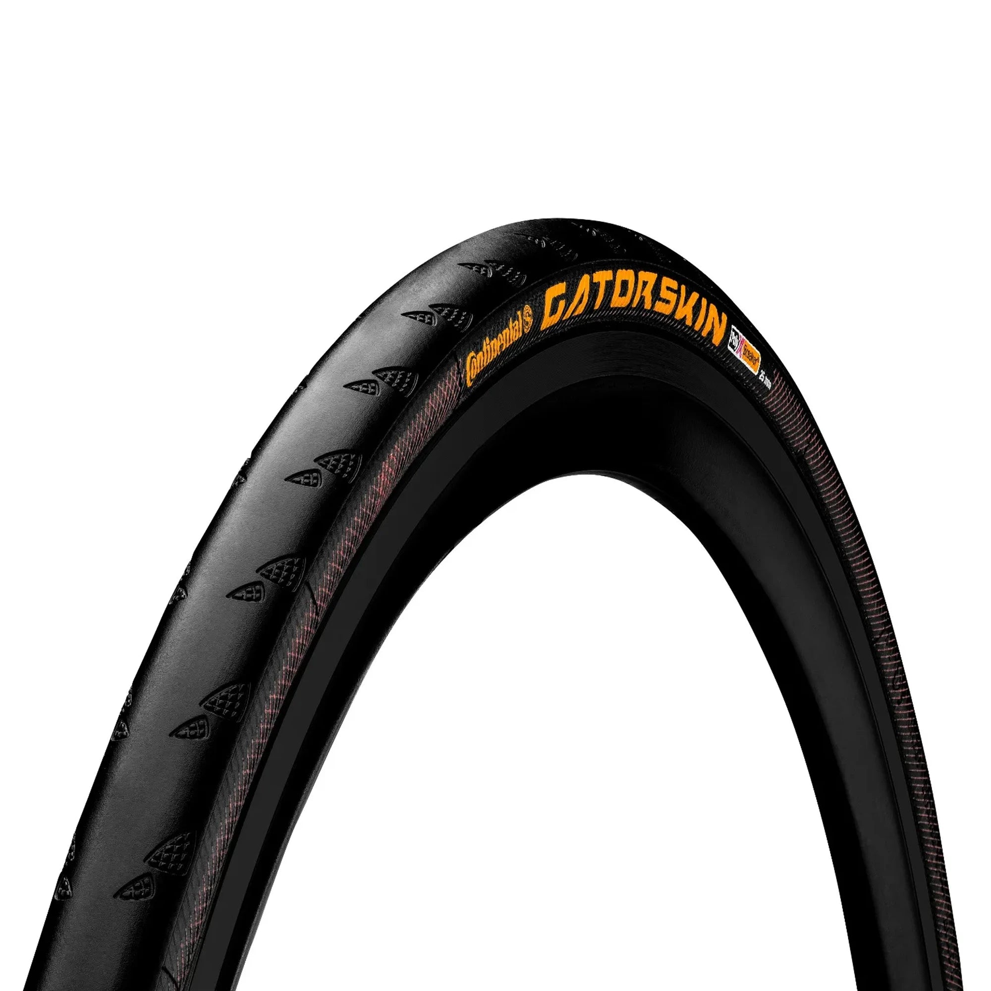 Black Continental Gatorskin folding road bike tire made of durable rubber with tread pattern, designed for road cycling.
