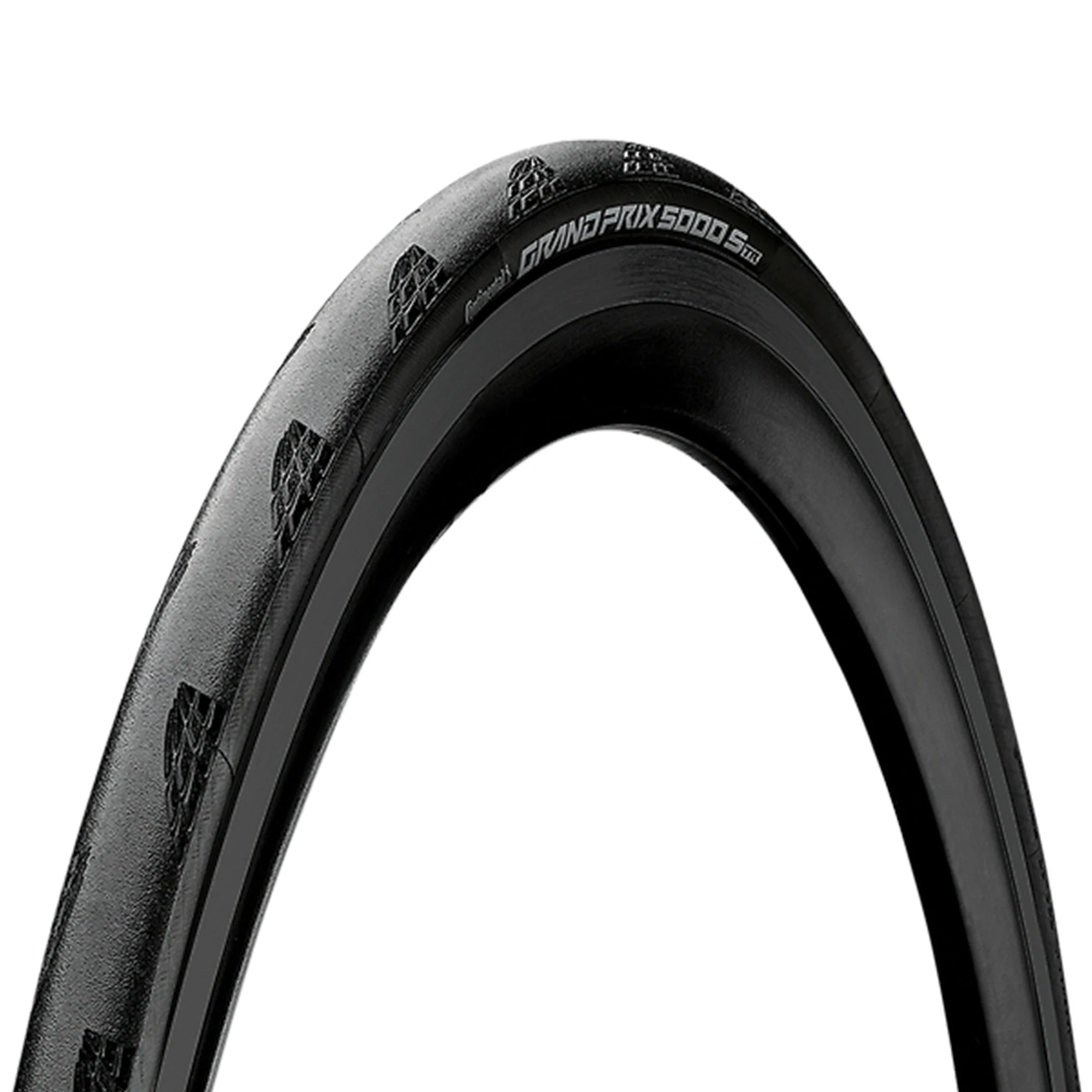 Black Continental GP5000 S TR tubeless folding road bike tyre made of durable rubber, shown in the image.