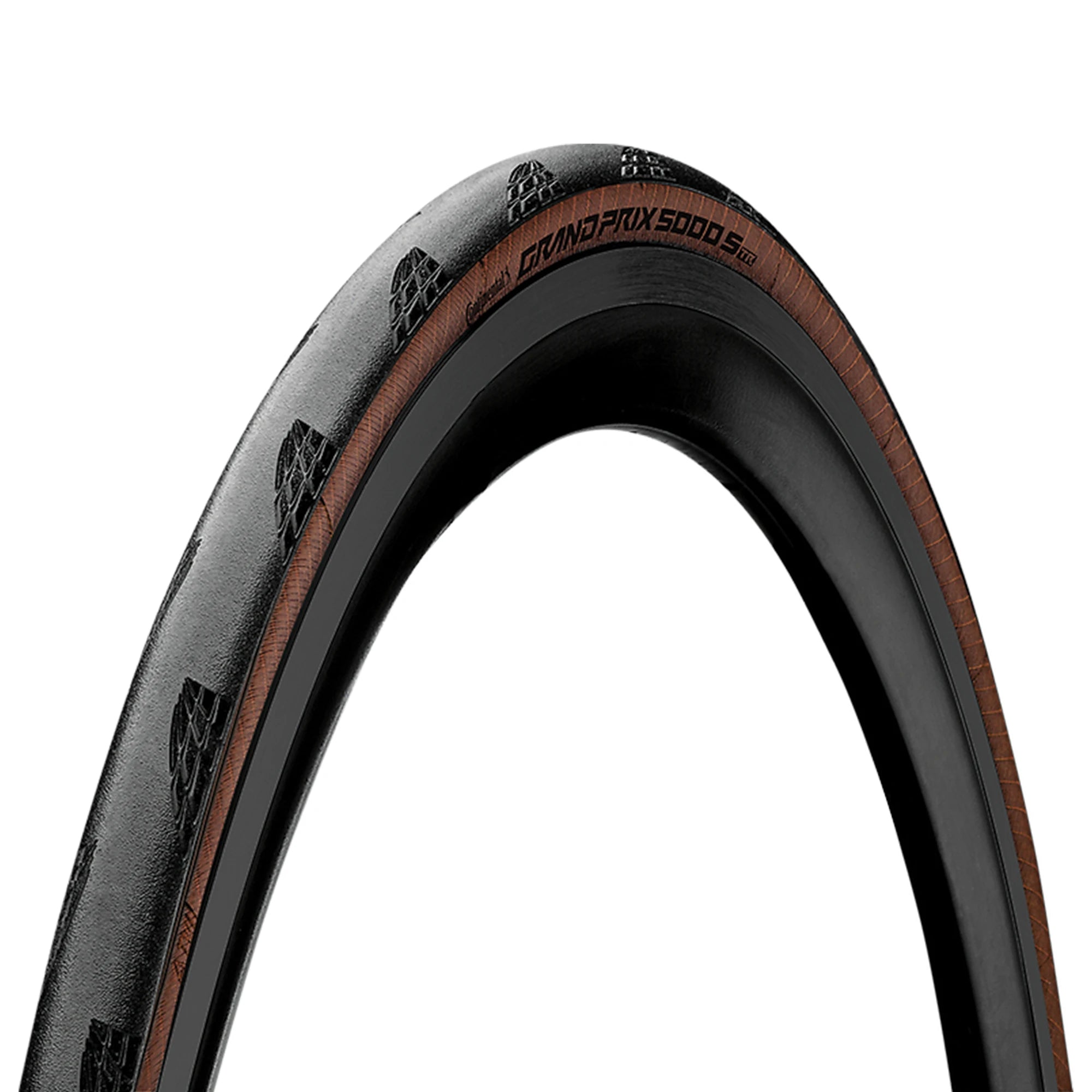 Continental GP5000 S TR tubeless folding road bike tyre, black rubber with tread pattern, designed for high-performance cycling.