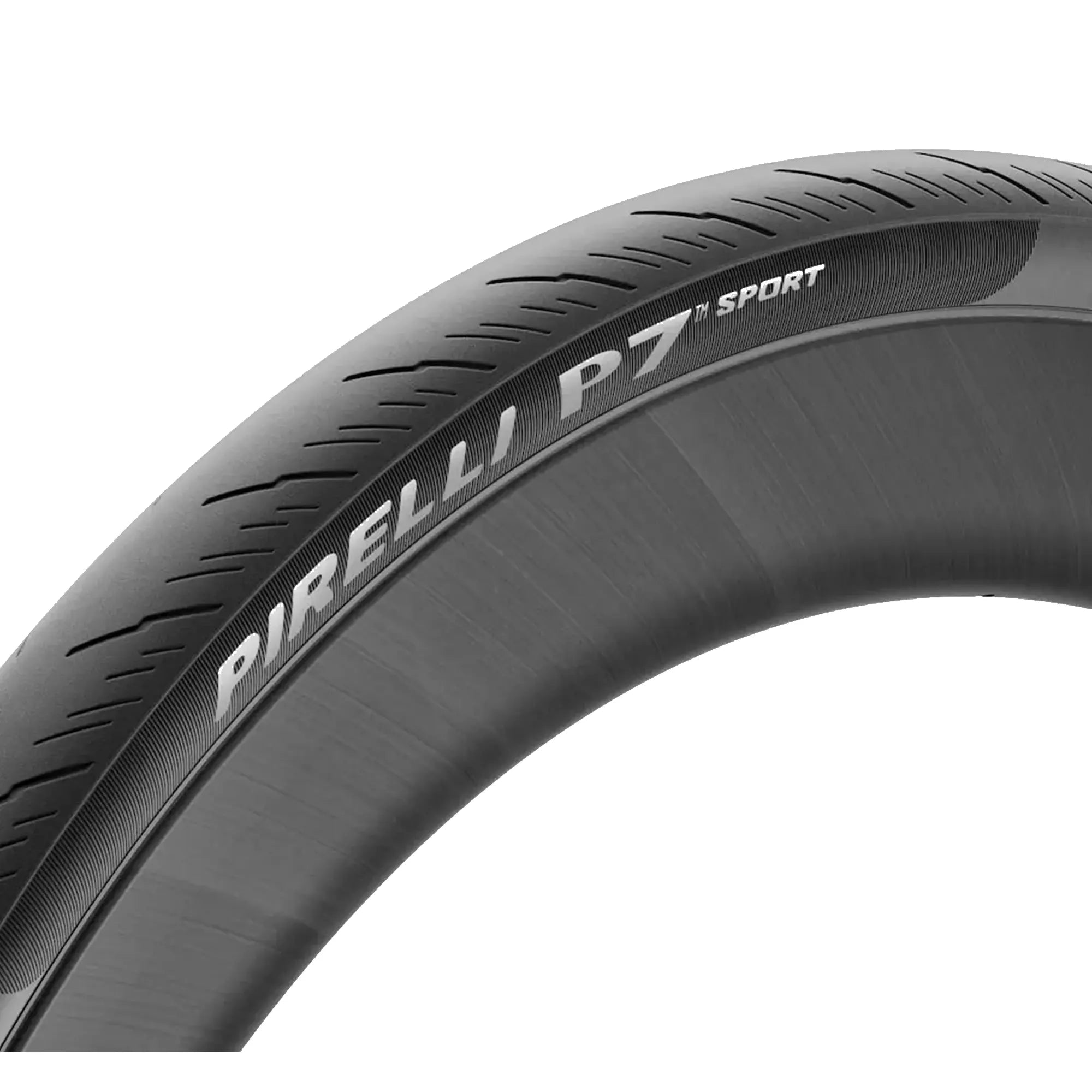 Pirelli P7 Sport Clincher folding road bike tyre made of durable rubber with a sleek tread pattern on a white background.
