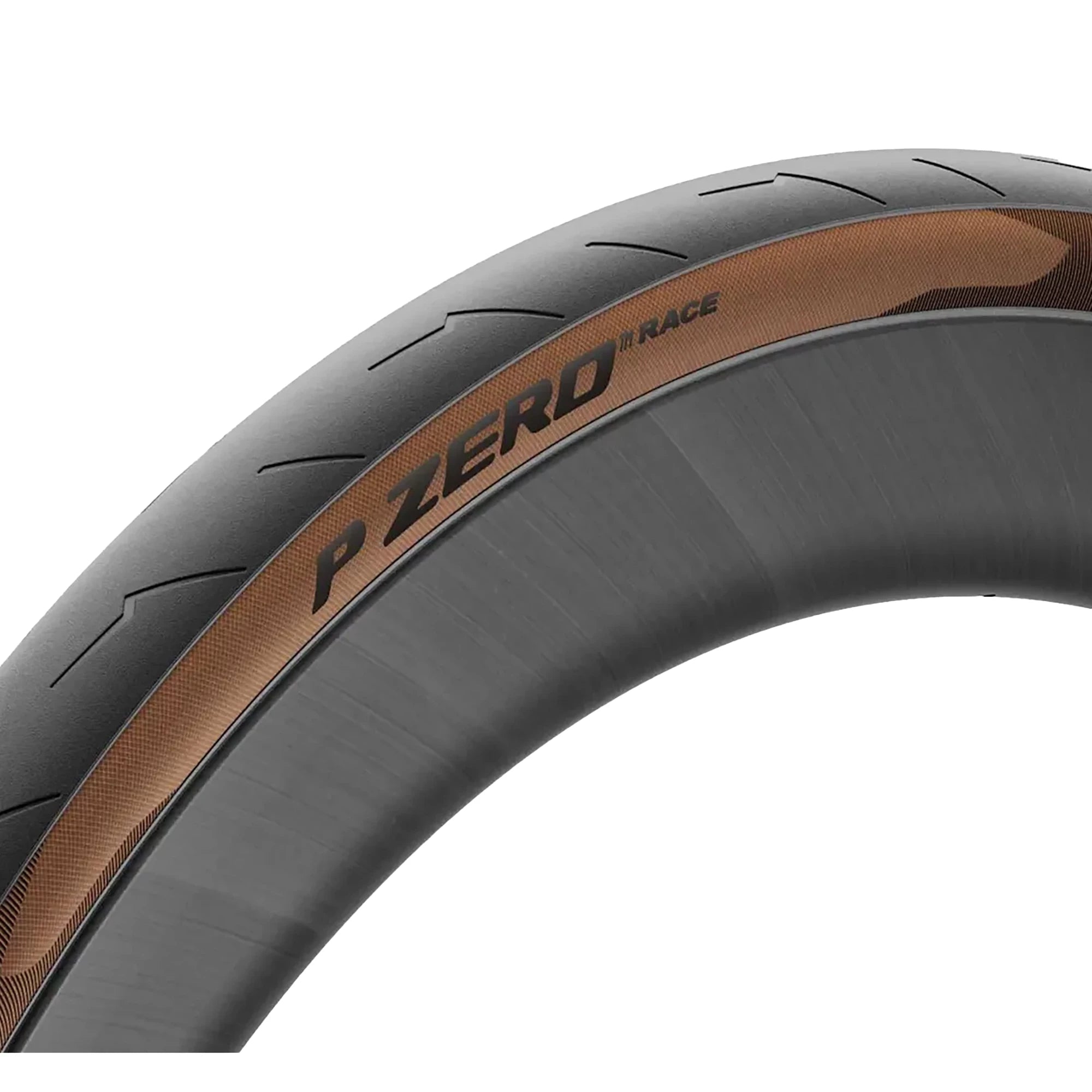Pirelli P Zero Race clincher folding road tire, close-up of black rubber tire with textured tread and branding details.