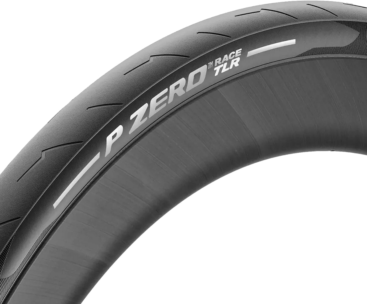 Pirelli P Zero Race TLR tubeless folding road tyre showing the textured rubber surface and sidewall branding.