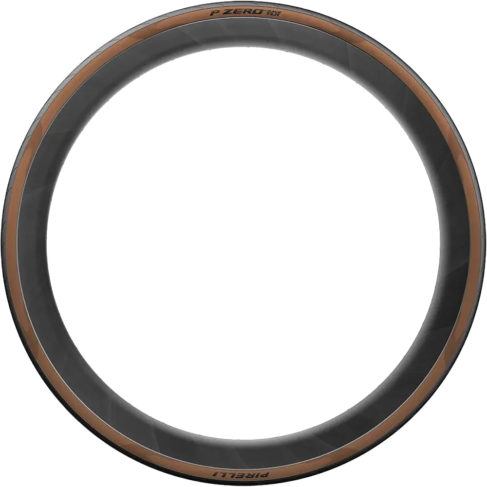 Pirelli P Zero Race TLR tubeless folding road bike tire, close-up of the black rubber tire with Pirelli branding and tread pattern.