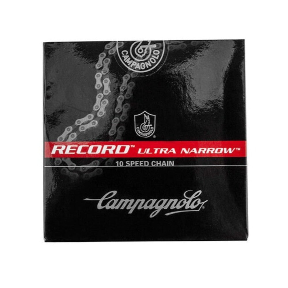 Campagnolo Record 10-speed bike chain with metal links and branding, designed for high-performance cycling parts.
