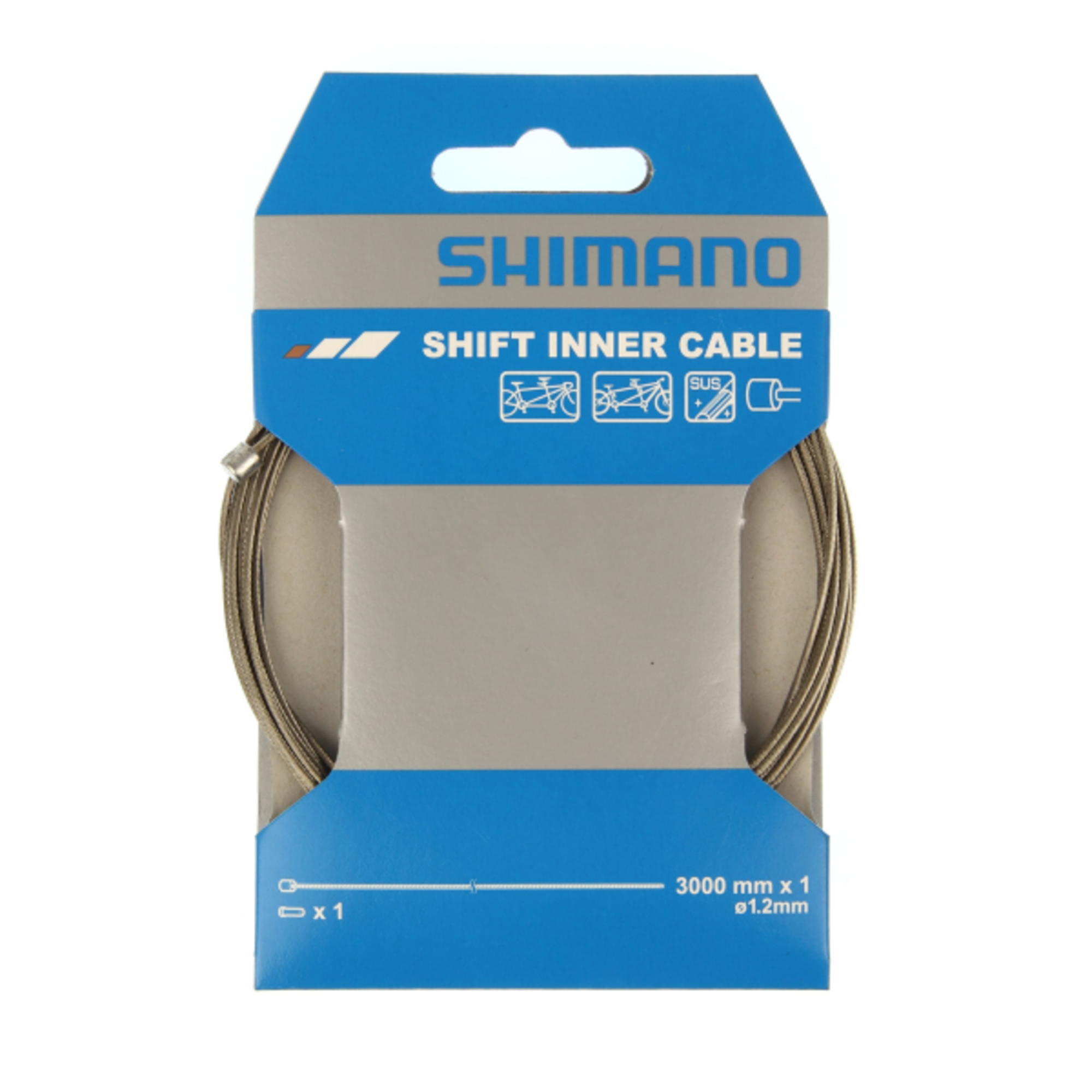Shimano stainless tandem gear inner cable, 30m x 12mm, for bike gear shifting, shown coiled and ready for installation.