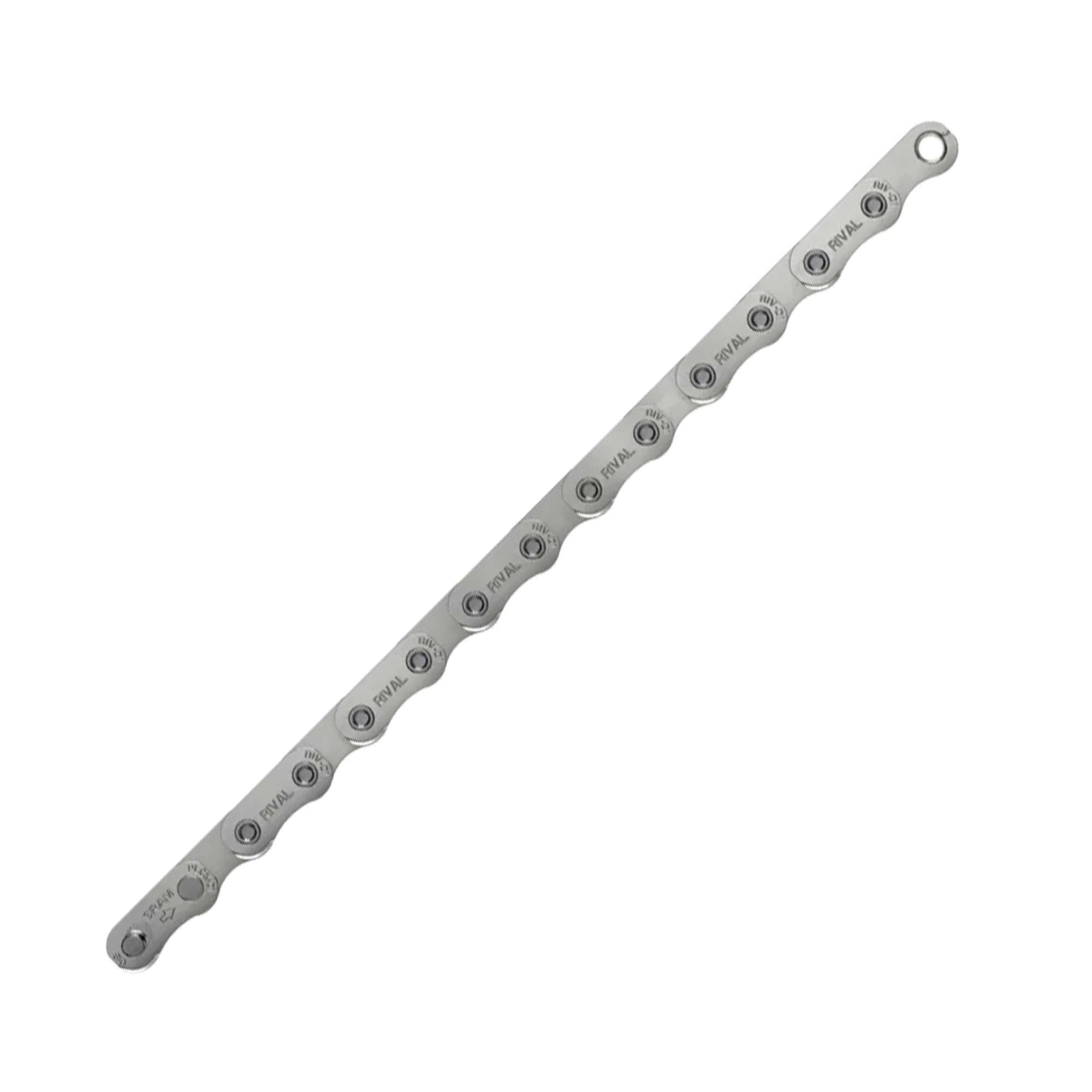 SRAM Rival D1 FlatTop 12-speed chain for bike drivetrain, showing the silver metal links and detailed construction.