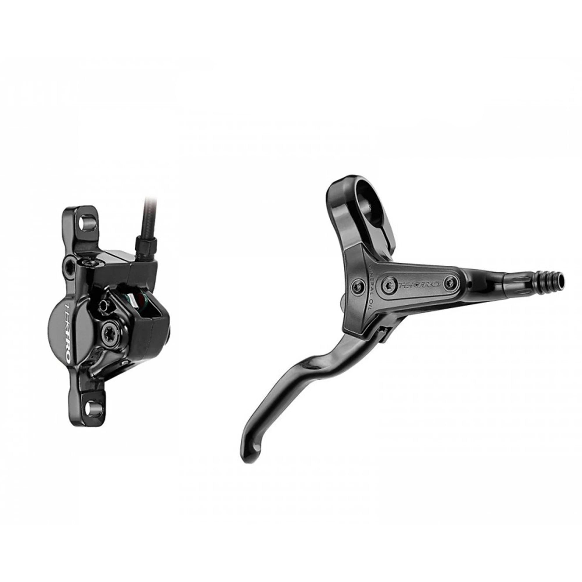 Tektro M285 hydraulic disc brake part with black caliper and brake rotor for mountain biking or cycling.
