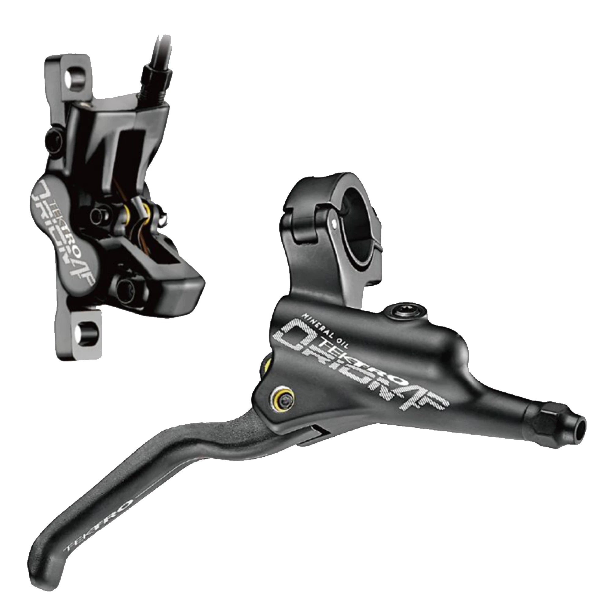 Tektro Orion M745 hydraulic disc brake part with black caliper and rotor for mountain biking or cycling.