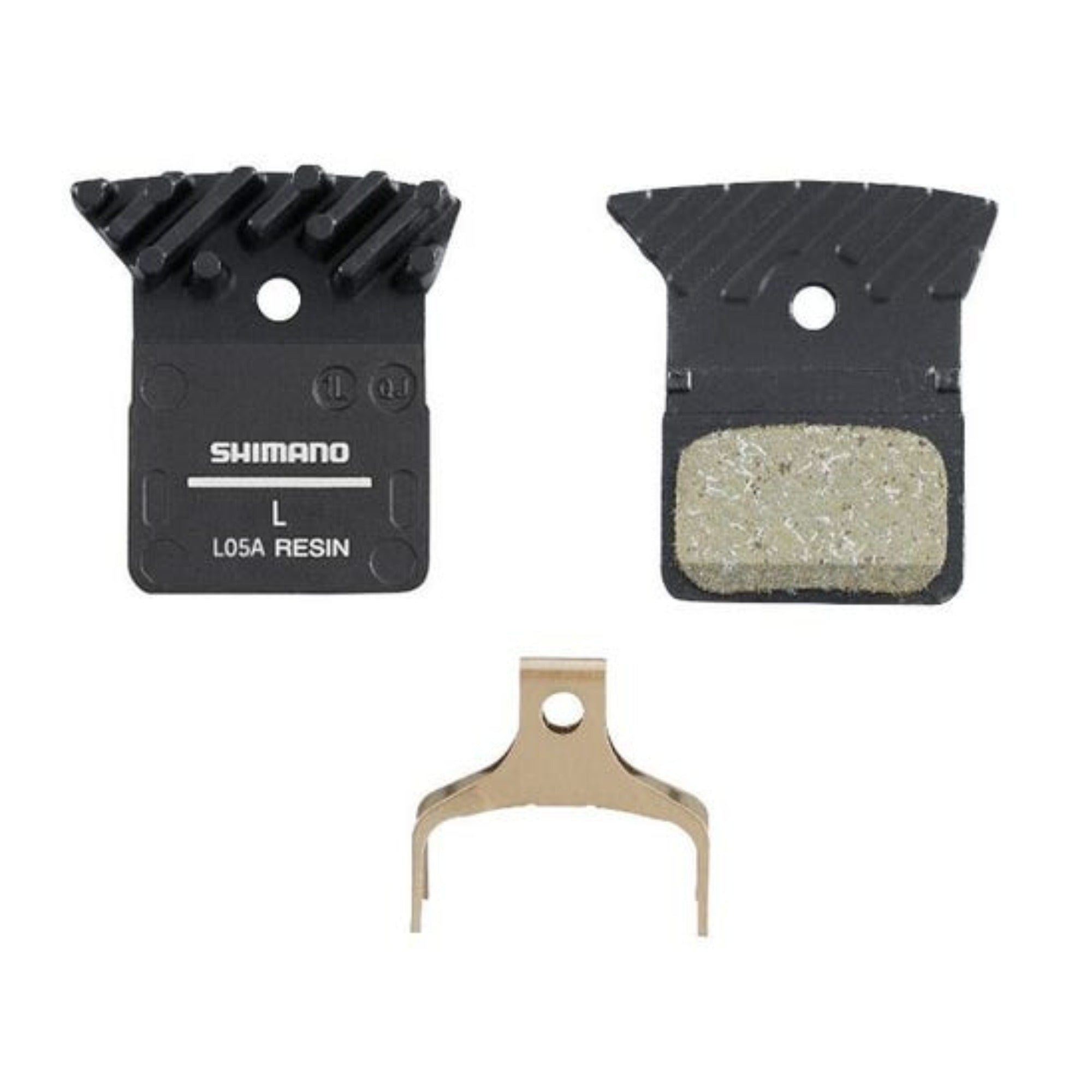 Shimano L05A Resin Ice-Tech disc brake pads for bicycle, shown with metal backing and brake pad material.