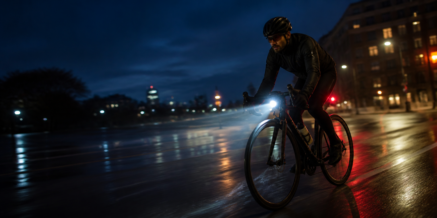 Cyclist riding at night with bright front and rear bike lights