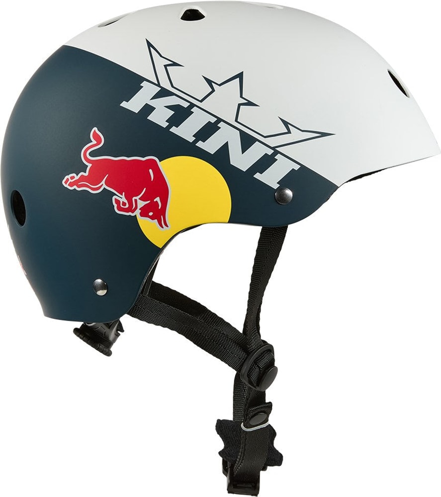 Kini Red Bull BB 1.0 BMX helmet showing a sleek red and black design with adjustable straps and ventilation for safety.