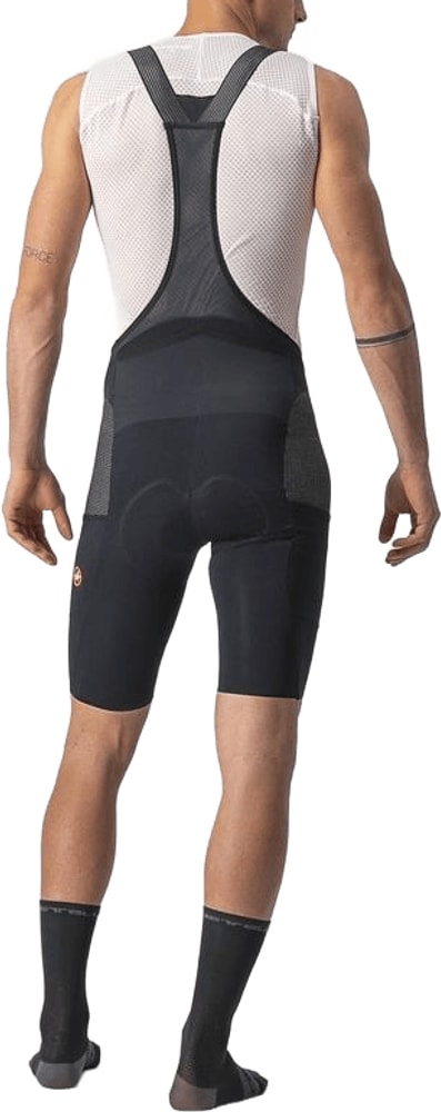 Castelli Free Unlimited men's bib knicks in black, featuring breathable fabric, adjustable straps, and sleek cycling apparel design.