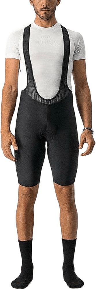Castelli Nano Flex Pro Race men's bib knickers in black, showing the fitted cycling apparel with logo details and reflective accents.