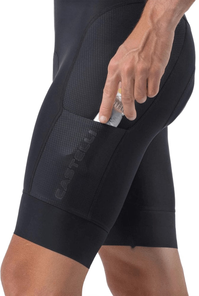 Castelli Unlimited 2 Cargo men's bib knicks showing black cycling bib shorts with cargo pockets and adjustable straps.