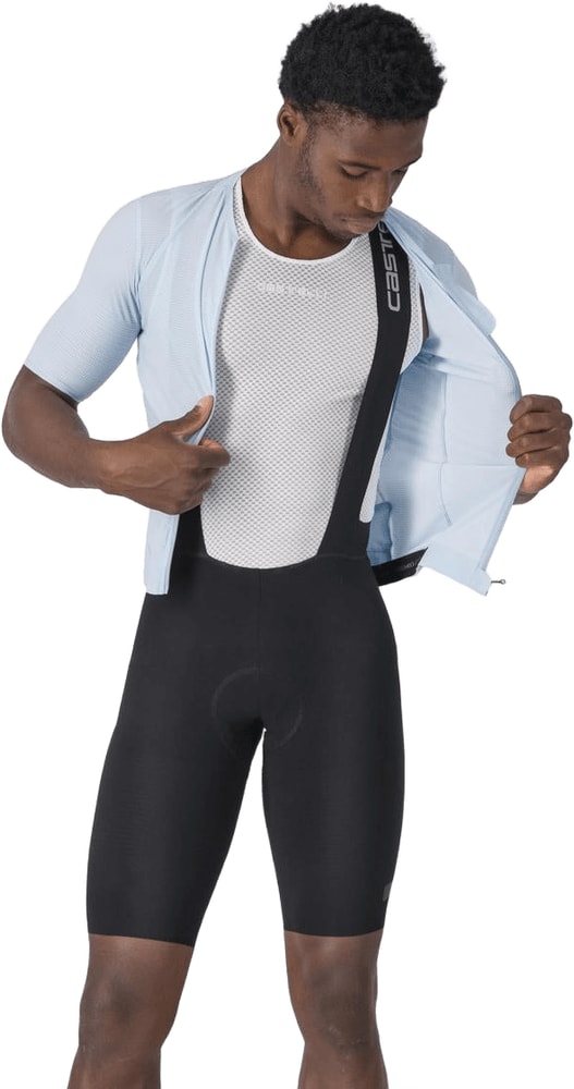 Castelli Premio Evo men's bib knicks in black, showing the fitted cycling apparel with straps and chamois padding.