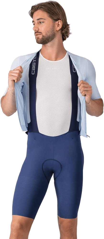 Castelli Premio Evo men's bib knicks featuring lightweight cycling fabric and adjustable straps for a comfortable fit.
