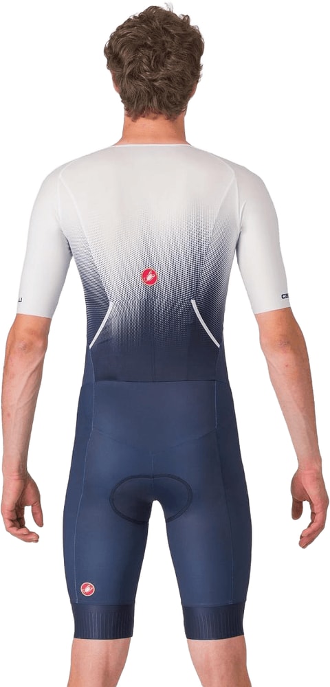 Castelli Core Tri SS men's cycling suit with short sleeves, fitted design, blue and black color, and logo on chest.