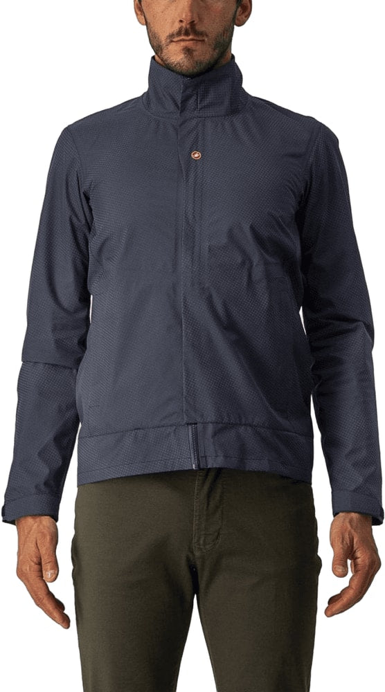 Reflective Castelli Commuter Reflex men's jacket for cycling, shown in dark color with reflective detailing on the front and back.