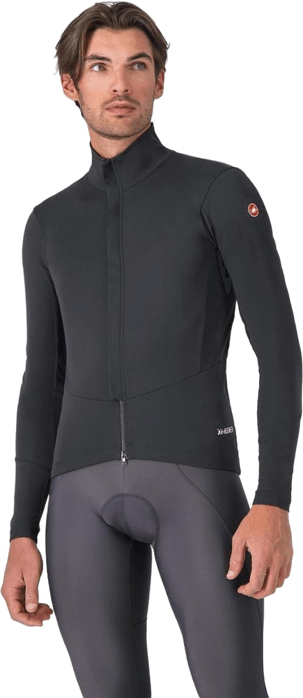 Castelli Perfetto Air men's cycling jacket, lightweight and breathable, shown in a close-up of the jacket's fabric and design details.