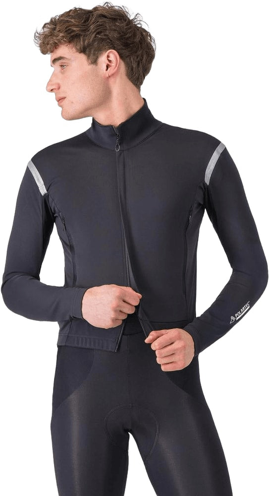 Castelli Perfetto RoS 3 men's cycling jacket in black, featuring aerodynamic fit and full-length zipper for weather protection.