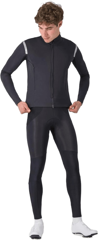 Castelli Perfetto RoS 3 men's cycling jacket, lightweight and windproof, shown in a close-up of the black jacket with reflective details.