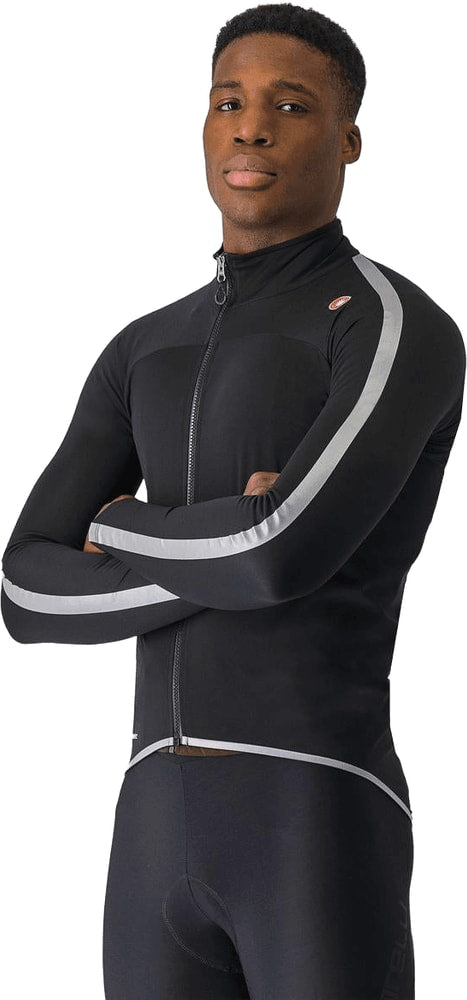 Castelli Ultra Men's Rain Cape draped on a hanger, lightweight waterproof clothing for cycling or outdoor rain protection.