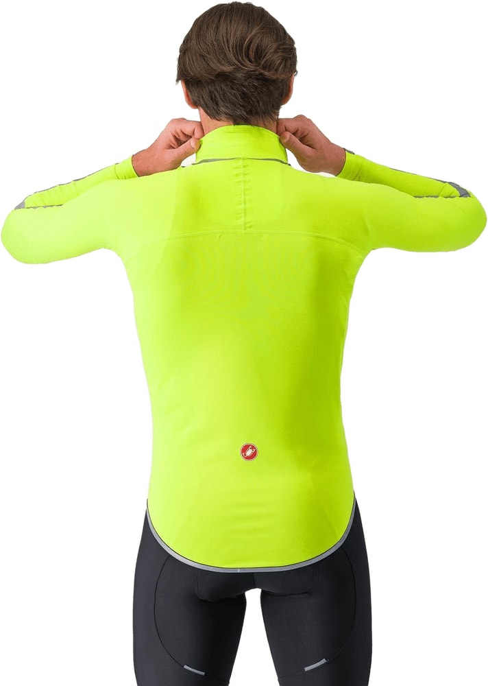 Castelli Ultra Men's Rain Cape shown in bright yellow waterproof clothing designed for outdoor cycling.