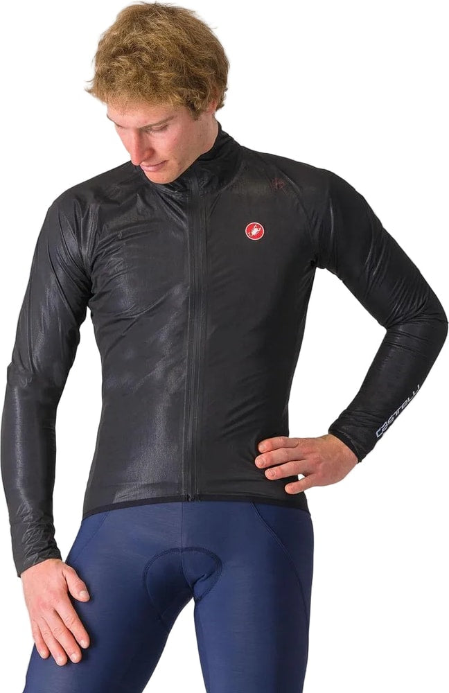 Men's Castelli Squall Shell jacket showing lightweight, waterproof outer layer with front zipper and adjustable hood.