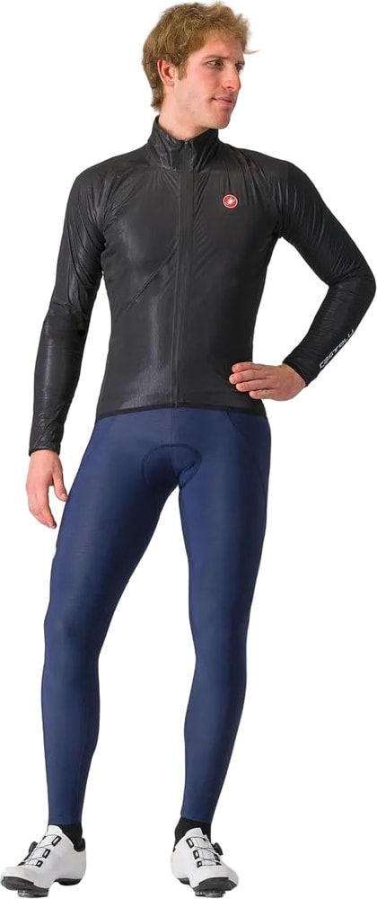 Castelli Squall Shell men's jacket in waterproof, lightweight fabric, shown hanging with a full zip and hood for outdoor weather protection.