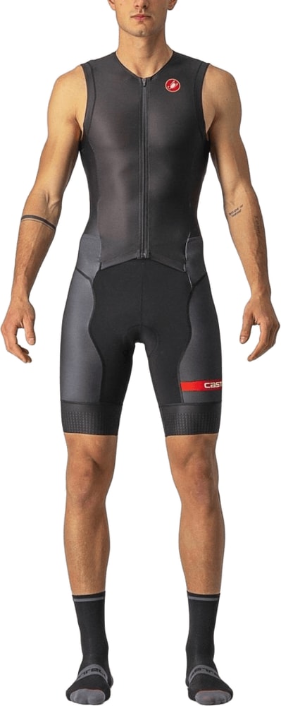 Castelli Free Sanremo 2 SL men's speed suit, form-fitting cycling clothing with aerodynamic design and vibrant color accents.