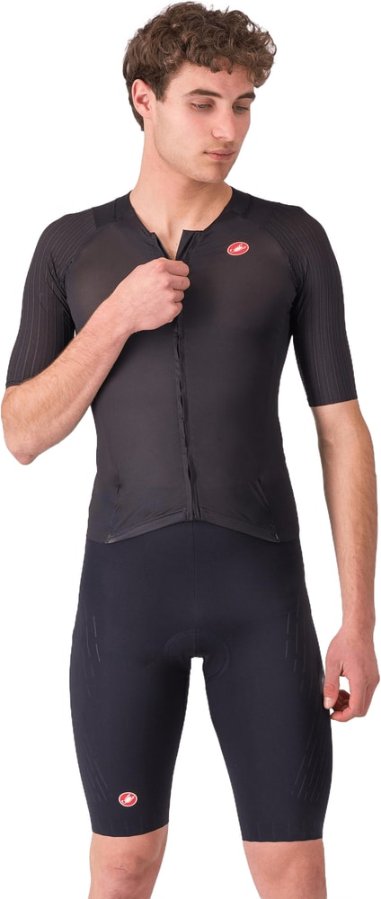 Castelli Free Sanremo 3 SS men's speed suit showing lightweight fabric, sleek design, and short sleeves for cycling performance.
