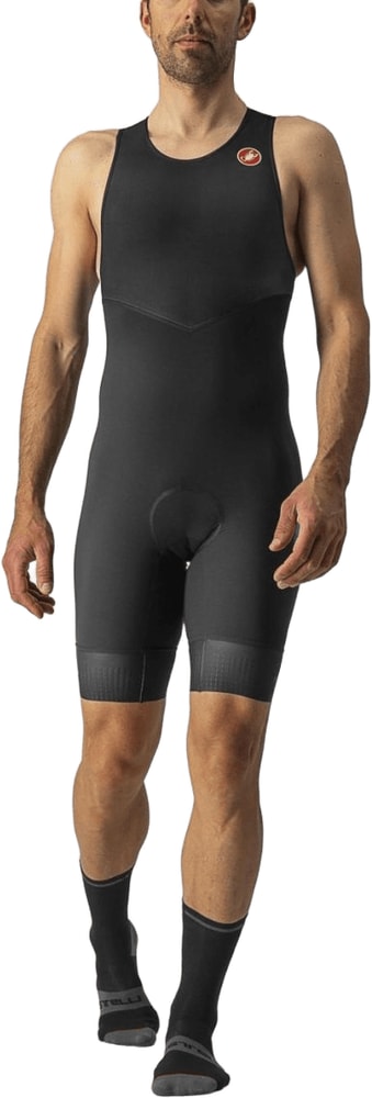 Castelli SD Team men's race suit, form-fitting cycling clothing with aerodynamic design and bold red, black, and white colors.