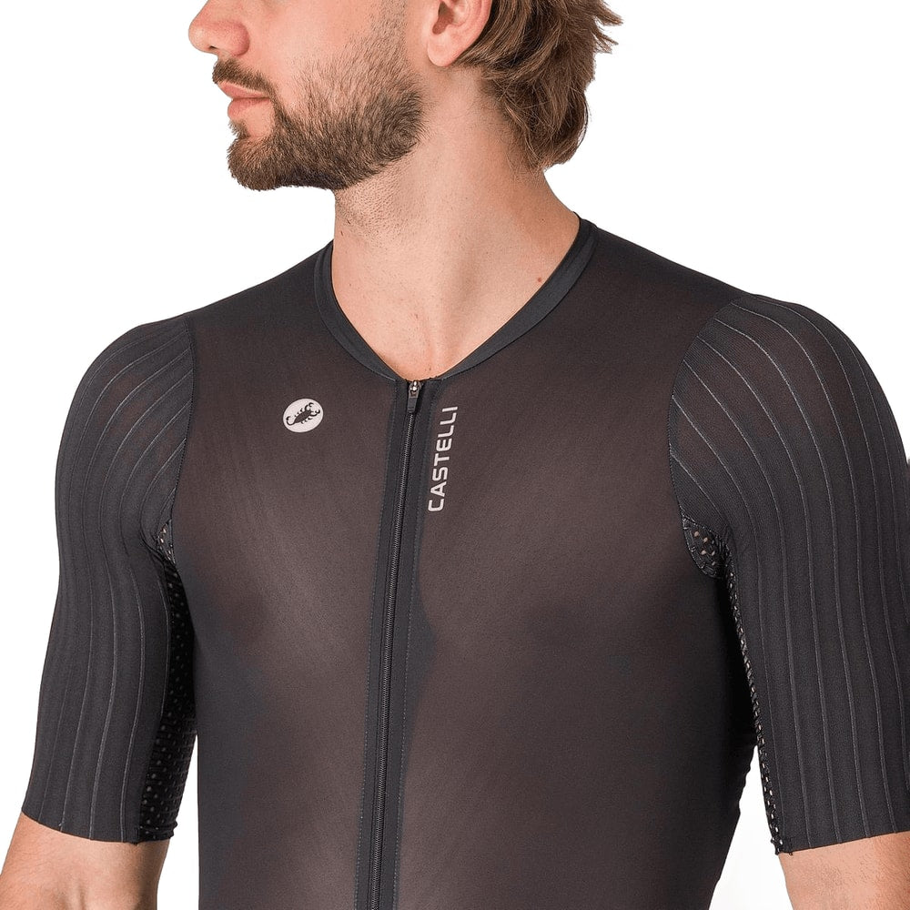Castelli PR 3 men's speed suit, close-up of sleek, form-fitting cycling clothing with zipper and branding details.