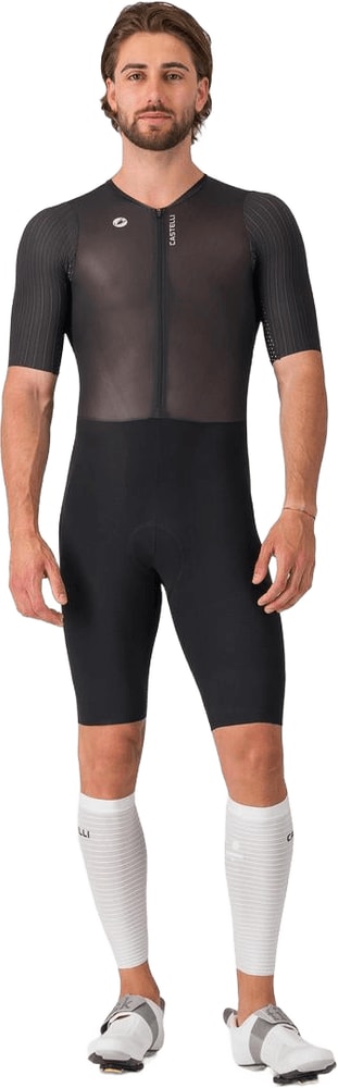 Castelli PR 3 men's speed suit for cycling, form-fitting aerodynamic clothing, black with red accents, close-up view