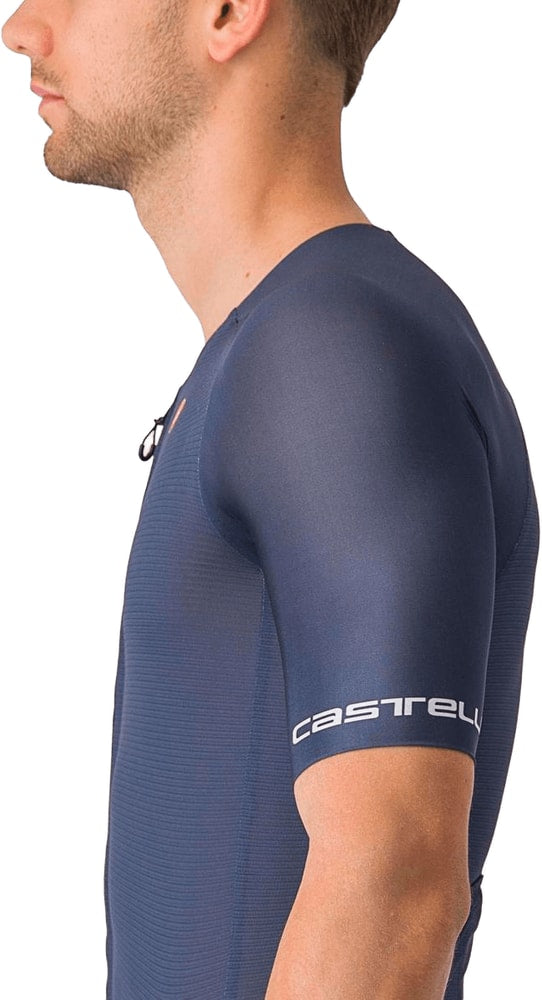 Castelli Sanremo BTW men's speed suit, form-fitting cycling clothing with aerodynamic design and bright red and black colors.