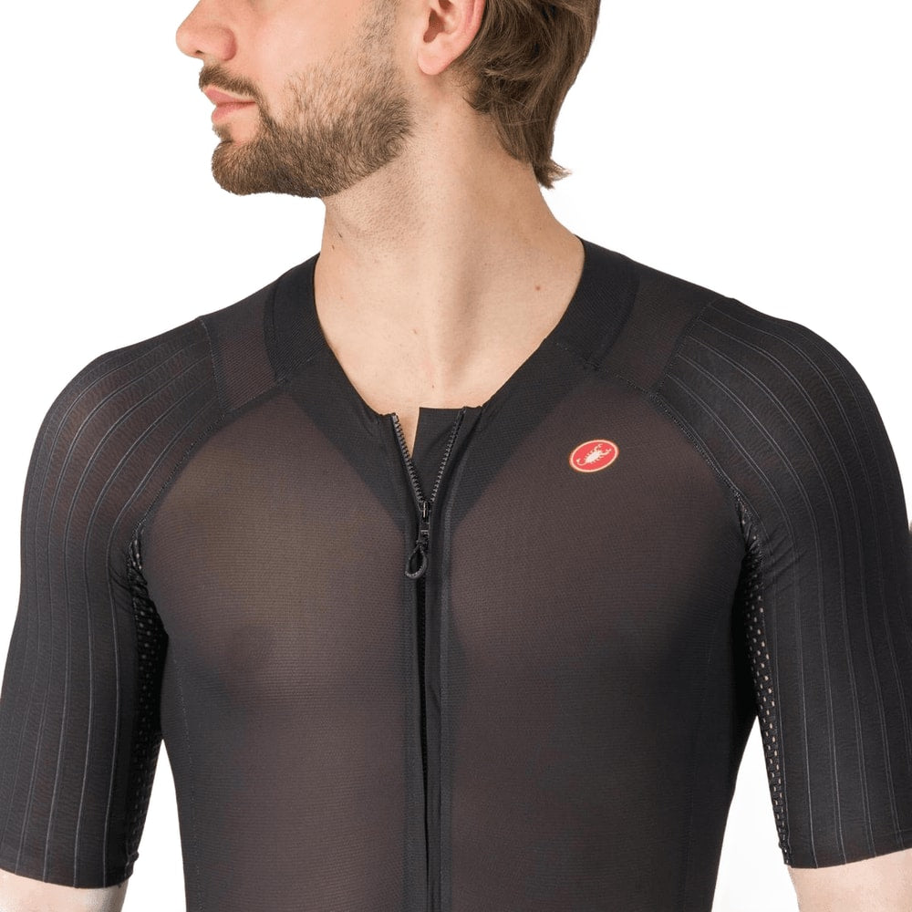 Castelli Sanremo S men's speed suit, form-fitting cycling clothing with aerodynamic design and bold color accents.