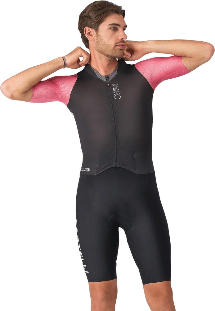 Castelli Saturday Morning men's skinsuit, form-fitting cycling clothing with blue and white design, front view with zipper detail.