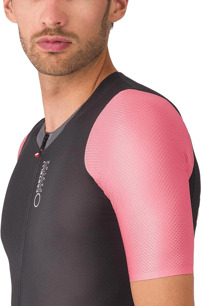 Castelli Saturday Morning men's skinsuit showing a fitted cycling suit with short sleeves and full zipper in a vibrant design.