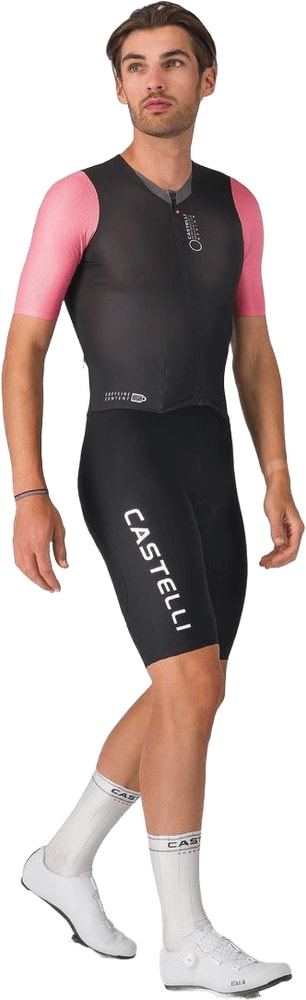 Castelli Saturday Morning men's skinsuit showing a sleek, form-fitting cycling suit with short sleeves and vibrant design.