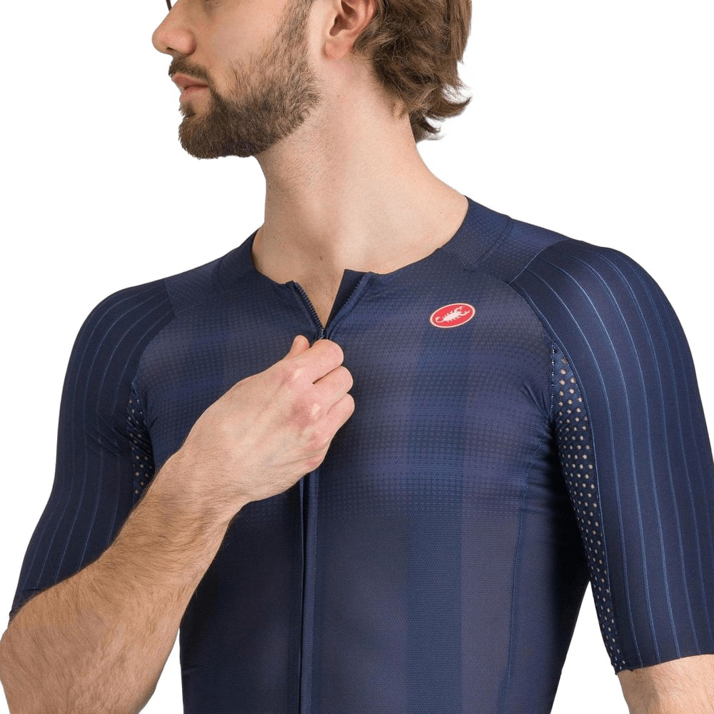 Castelli Aero Race 8S SS men's cycling jersey in white with blue accents, lightweight and aerodynamic for racing.