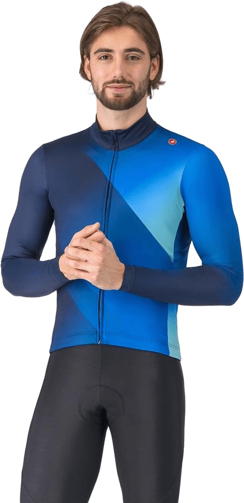 Men's Castelli Amplify Thermal LS Jersey showing a close-up of the lightweight, stretchable fabric with logo details.