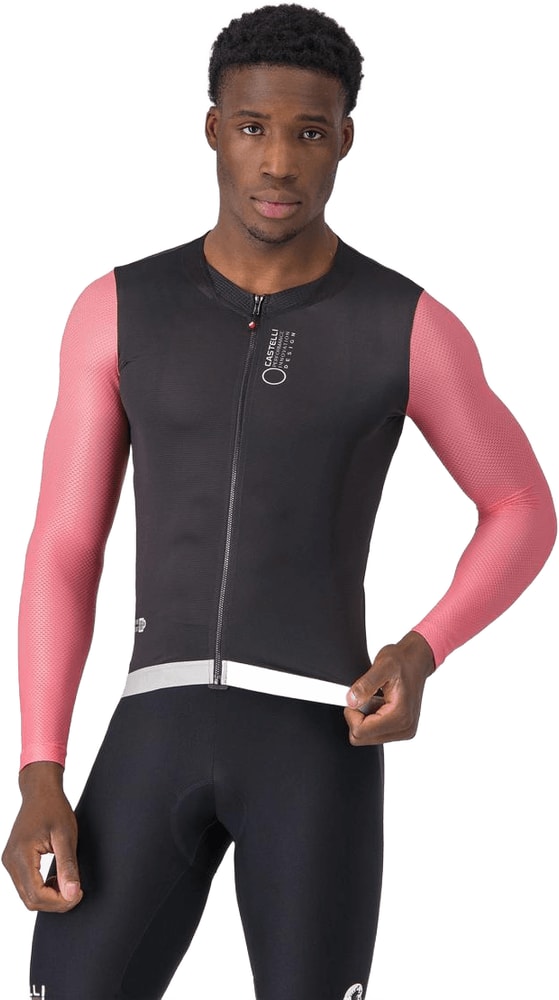 Castelli Corretto LS men's cycling jersey in black with red accents, long-sleeve, breathable fabric, front zipper, and brand logo.