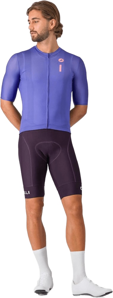 Castelli Drittone Logo short-sleeve men's cycling jersey displayed on a hanger, featuring the brand's logo and sleek design.